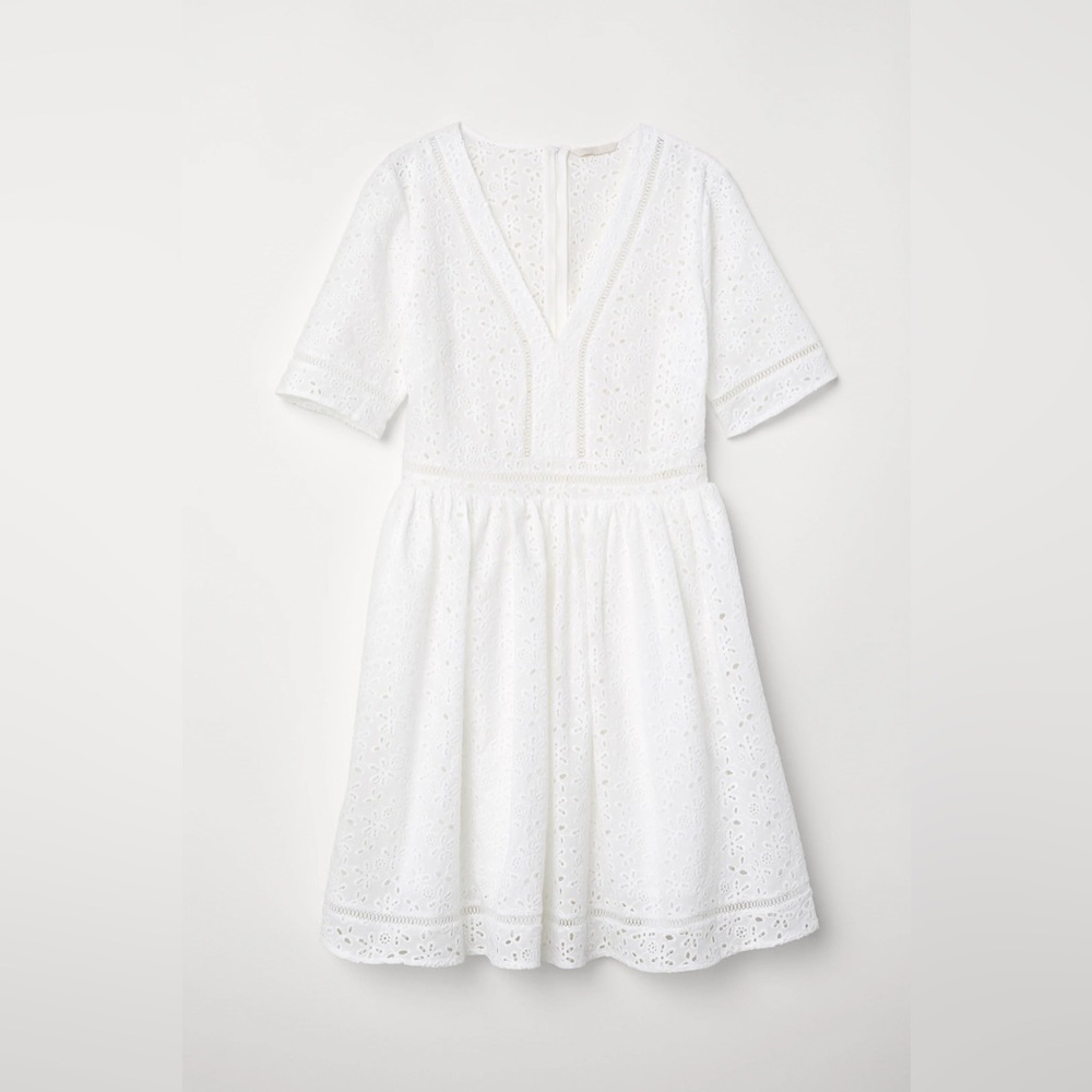 H&M White Eyelet Lace Mini Dress Size 10 Cotton Boho Summer V-Neck